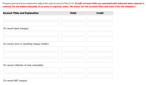 Prepare journal entries required to adjust the cash account at March 31. (Credit account titles are automatically indented wh