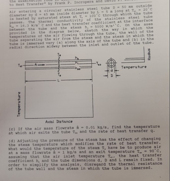 the examinatiU to Heat Transfer by Frank P. Incropera and Bavid F. Air entering a circular stainless steel tube D 50 mm outside diameter by d 45 mm inside diameter by L 5 m long atTa 20 C is heated by saturated steam at T100 c through which the tube passes. The thermal conductivity of the stainless steel tube kss .. 16.3 w/m° ? and the heat transfer coefficient at the interface between the tube and the steam h. 5000 W/m2 c. On the axes provided in the diagram below, sketch the way in which the temperatures of the air flowing through the tube, the wall of the tube separating the air from the steam and the steam in which the tube is immersed vary (a) along the axis of the tube and (b) in the radial direction midway between the inlet and outlet of the tube. Tat Temperature T. Axlal DIstance (c) If the air mass flowrate m 0.01 kg/s, find the temperature at which air exits the tube To and the rate of heat transfer q (d) Adjusting the pressure of the steam has the effect of changing the steam temperature which modifies the rate of heat transfer. What would the temperature of the steam T, have be to produce air at a mass flowrate m = 1 kg/s and an exit temperature Tao 90°C, assuming that the air inlet temperature T, the heat transfer coefficient h, and the tube dimensions d, D and L remain fixed. In order to simplify the analysis, disregard the thermal resistance of the tube wall and the steam in which the tube is immersed.