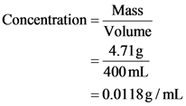Mass
Concentration =
Volume
4.71g
400 ml
=0.0118g/mL
