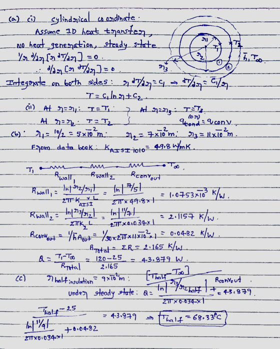 5. Too 73 ca) c sylindstical coordinate: Assume 10 heat transtezz, no heat_generation, steady state /r/n (m 27/an] =o. lanco