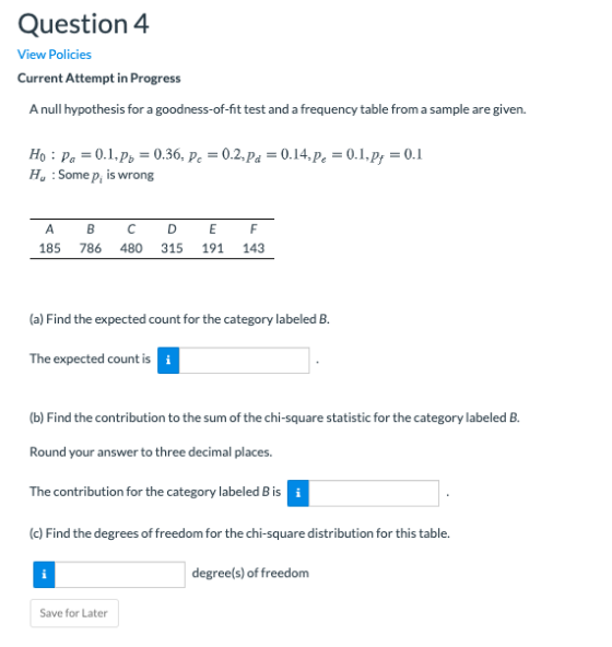 Question 4 View Policies Current Attempt in Progress A null hypothesis for a goodness-of-fit test and a frequency table from