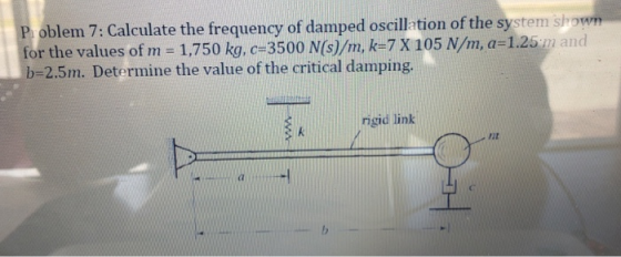 lem 7: Calculate the frequency of damped oscillation of the system shown for the values of m -1,750 kg, c-3500 N(s)/m, k-7 X