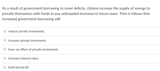 As a result of government borrowing to cover deficits, citizens increase the supply of savings to provide themselves with funds to pay anticipated increases in future taxes. Then it follows that increased government borrowing will O reduce private investment. increase private investment Ohave no effect of private investment. O increase interest rates. O both (a) and (d)