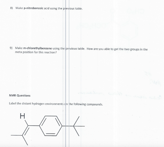 8) Make p-nitrobenzoic acid using the previous table. 9) Make m-chlorethylbenzene using the previous table. How are you able
