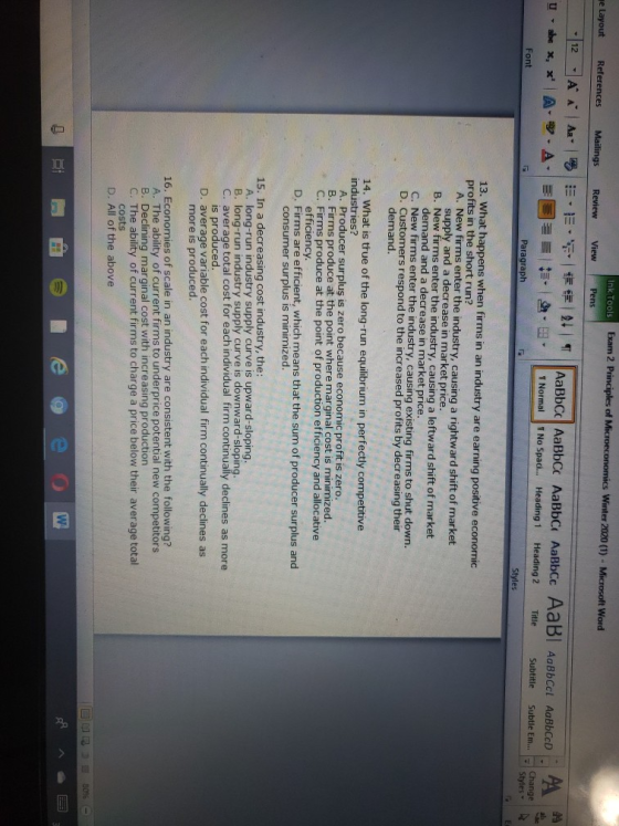 Exam 2 Principles of Microeconomics Winter 2020 (1) - Microsoft Word me Layout References Mailings Review Ink Tools Pens View