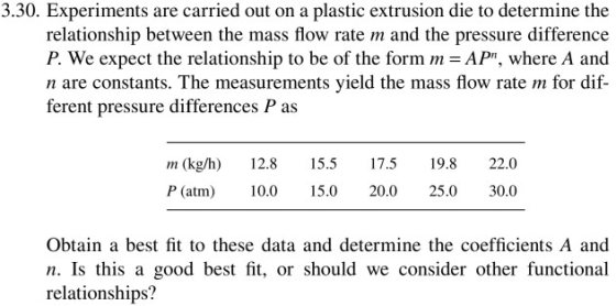 3.30. Experiments are carried out on a plastic extrusion die to determine the relationship between the mass flow rate m and t