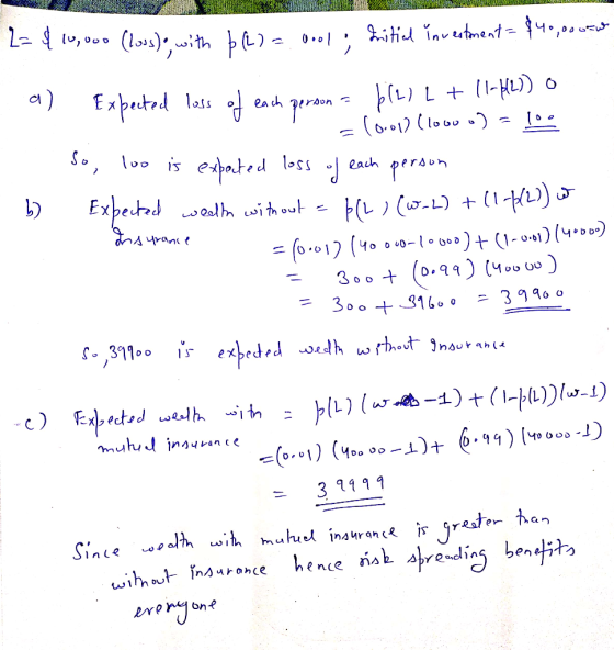ME 2= $10,000 (los), with b) = 0.01; Fritid investment = $40,000 a) Expected loss of each person = biz? [ + 11-|27) o = 10.00