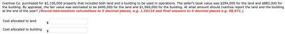 Ivanhoe Co. purchased for $2,156,000 property that included both land and a building to be used in operations. The sellers b