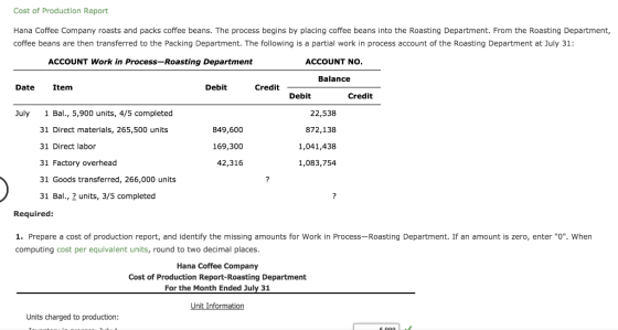 Cost of Production Report Hana Coffee Company roasts and packs coffee beans. The process begins by placing coffee beans into