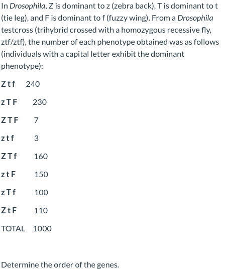 In Drosophila, Z is dominant to z (zebra back), T is dominant tot (tie leg), and F is dominant to f (fuzzy wing). From a Dros