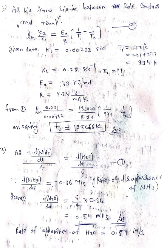 the Rate Conslaul 1 As we know Relation between and temph In K = 69 ( + - ] diven data, ki = 0.00732 secil ty=9212 = +21293 =