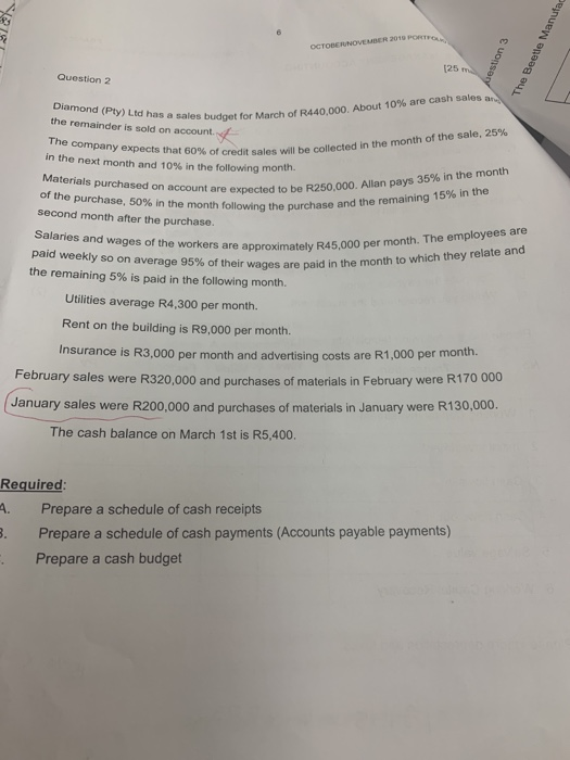 OCTOBERNOVEMBER 2019 PORTFOL 125 m Question 2 Diamond (Pty) Ltd has a sales budget for March of R440.000, About 10% are cash