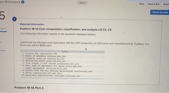 pter 18 Homework Saved Help Save & Exit Subm Check my work 5 o 2 of 2 Required information Problem 18-1A Cost computation, cl