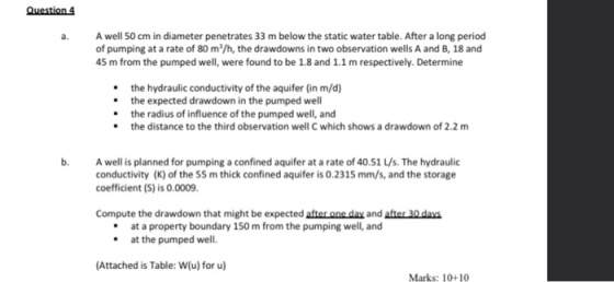 Question 4 A well 50 cm in diameter penetrates 33 m below the static water table. After a long period of pumping at a rate of