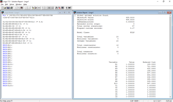 Lingo 17.0 Solution Report Lingol File Edit Solver Window Help le- EZ Solution Report . Lingo! Lingo Model Lin Min 193 X1+721