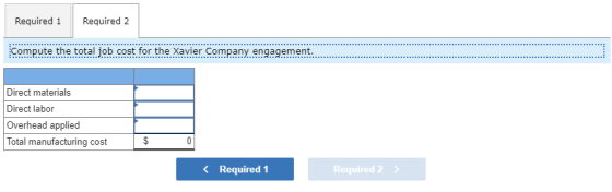 Required 1 Required 2 Compute the total job cost for the Xavier Company engagement. Direct materials Direct labor Overhead ap