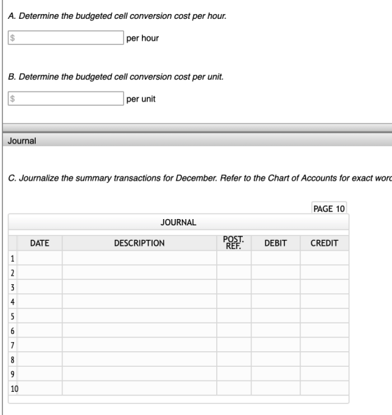A. Determine the budgeted cell conversion cost per hour. per hour B. Determine the budgeted cell conversion cost per unit. pe