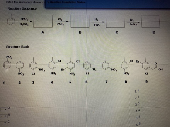 Select the appropriate structure Question Completion Status: Reaction Sequence Cly H₂ HINO3 H,SO, B2 Fet3 AICI: PVC А B D Str