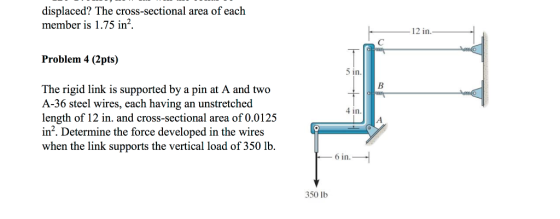 displaced? The cross-sectional area of each member is 1.75 in2 12 in Problem 4 (2pts) 5 in The rigid link is supported by a p