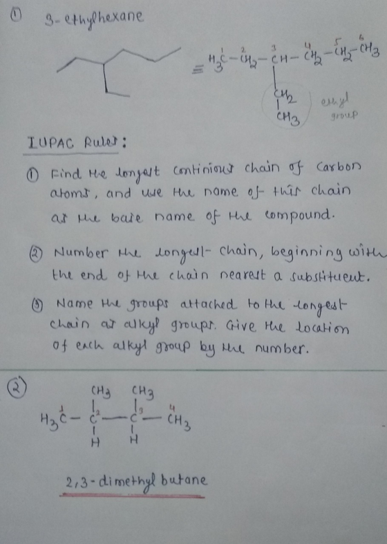 03 ethhexane CH IUPAC Ruler : O Find. Ho donjaIt conti niour chain ơF Carbon atoms, and uwe He name oj thir chain (2) Nurm ber tht end. 아Hre chain nearest a substituent. do nytJl-chain, beginning ω¡Ho μ~L (5) Name Hugroups attached, to HN-longest- o each alky goup by Ha number CH3 (H3 2,3-di methyl butane