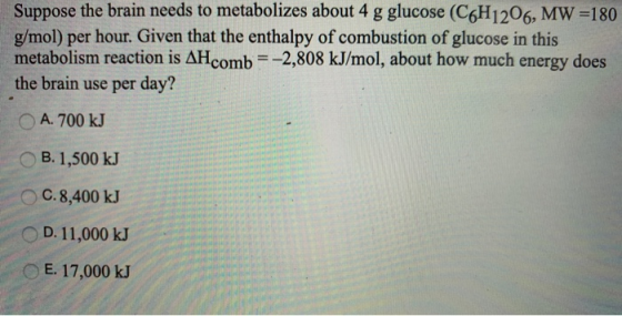 Suppose the brain needs to metabolizes about 4 g glucose (C6H1206, MW =180 g/mol) per hour. Given that the enthalpy of combus