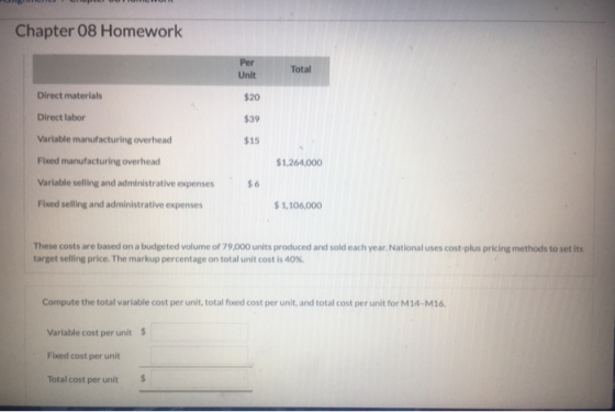 Chapter 08 Homework Per Unit Total Direct materials $20 Direct labor $39 Variable manufacturing overhead Fixed manufacturing