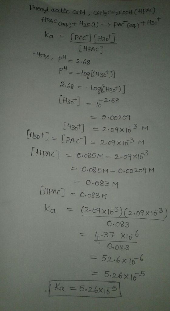 Phenyl acetic acid, C6H5CH2COOH CHPAC) HPAC (aq) + H₂O (1) PAC (aq) + H3ot ka - (Pac] [H301) [HPAC) Here, pH 2.68 pH = -log(C