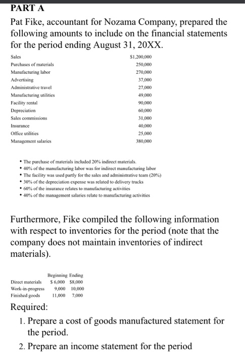 PART A Pat Fike, accountant for Nozama Company, prepared the following amounts to include on the financial statements for the
