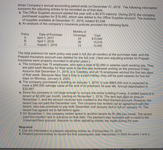 Arnez Companys annual accounting period ends on December 31, 2019. The following information concerns the adjusting entries