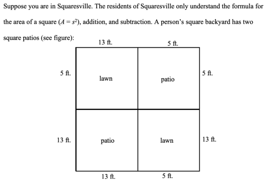 Suppose you are in Squaresville. The residents of Squaresville only understand the formula for the area of a square (A -s2),