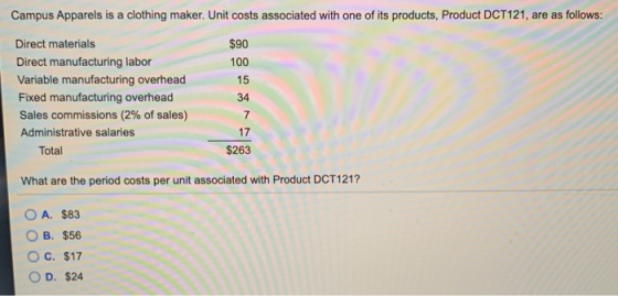 Campus Apparels is a clothing maker. Unit costs associated with one of its products, Product DCT121, are as follows: $90 100