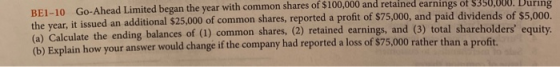 BE1-10 Go Ahead Limited began the year with common shares of $100,000 and retained earnings of $350,000. During the year, it