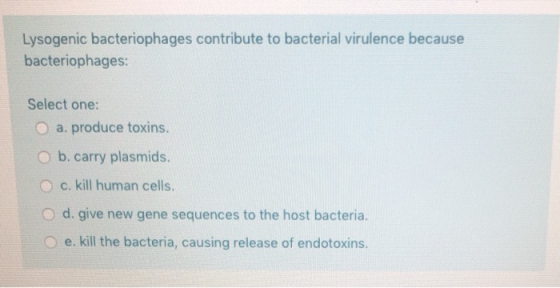 Lysogenic bacteriophages contribute to bacterial virulence because bacteriophages: Select one: a. produce toxins. O b. carry