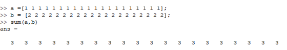 l l 1]; l l 2 2 l l l l 2 2 2 2 2 l l 2 2 l l l l 2 2 2 2 >> a =[l l l l l >> b = [2 2 2 2 2 >> sum(a,b) ans = . 3 3 3 3 3 3
