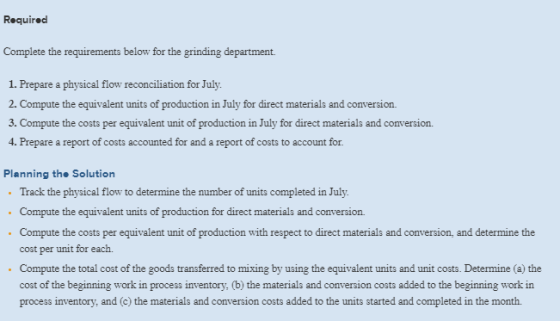 Required Complete the requirements below for the grinding department 1. Prepare a physical flow reconciliation for July 2. Co
