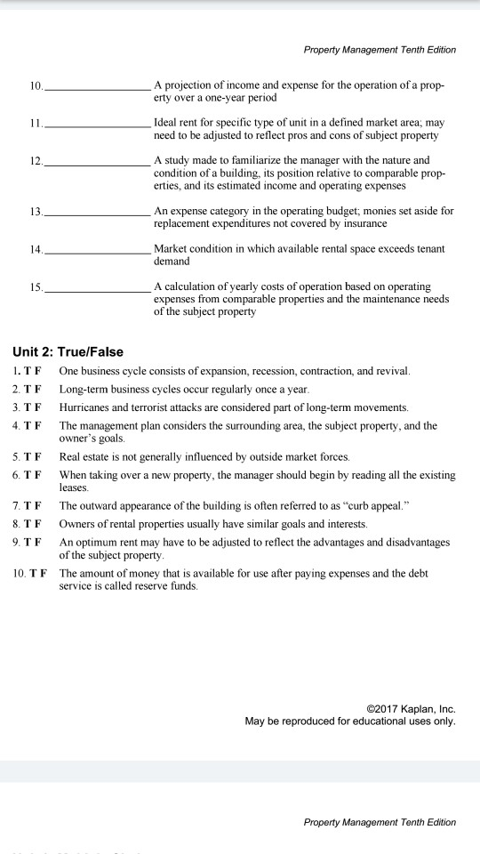 Property Management Tenth Edition A projection of income and expense for the operation of a prop- erty over a one-year period