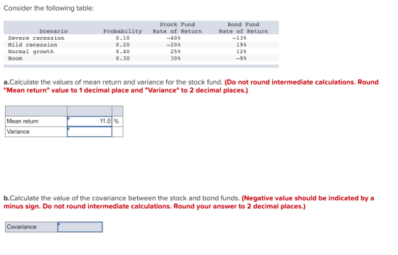 Consider the following table: Bond Fund Rate of Return -138 Scenario Severe recession Mild recession Normal growth Boom Proba