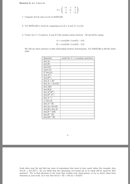Exercice 2. Let A given by -(iii) 21 A 1 -2 01 -2 1. Compate det( A) and ine.A) in MATLAB 2Use MATLAB to cheek boy coanpating