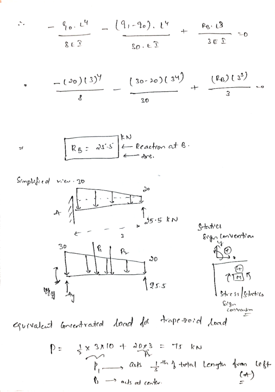 . Core4 19,-90), 14 RB . 18 8 E ЗЕТ 30.t -(20)(3) ( 30-20)(34) (Re) (3) 2 3 8 30 KN t Reaction at B. RB = 28.5 Simplified vie