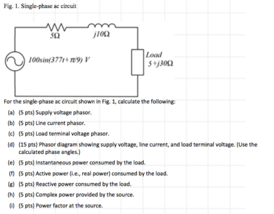 Fig. 1. Single-phase ac circuit 52 j10Ω 100sin3771+9) Load 5 +j30Ω For the single-phase ac circuit shown in Fig. 1, calculate the following: (a) (5 pts) Supply voltage phasor. (b) (5 pts) Line current phasor. (c) (5 pts) Load terminal voltage phasor. (d) (15 pts) Phasor diagram showing supply voltage, line current, and load terminal voltage. (Use the calculated phase angles.) (e) (5 pts) Instantaneous power consumed by the load. (f) (5 pts) Active power(i.e., real power) consumed by the load. (g) (5 pts) Reactive power consumed by the load. (h) (5 pts) Complex power provided by the source. (i) (5 pts) Power factor at the source.