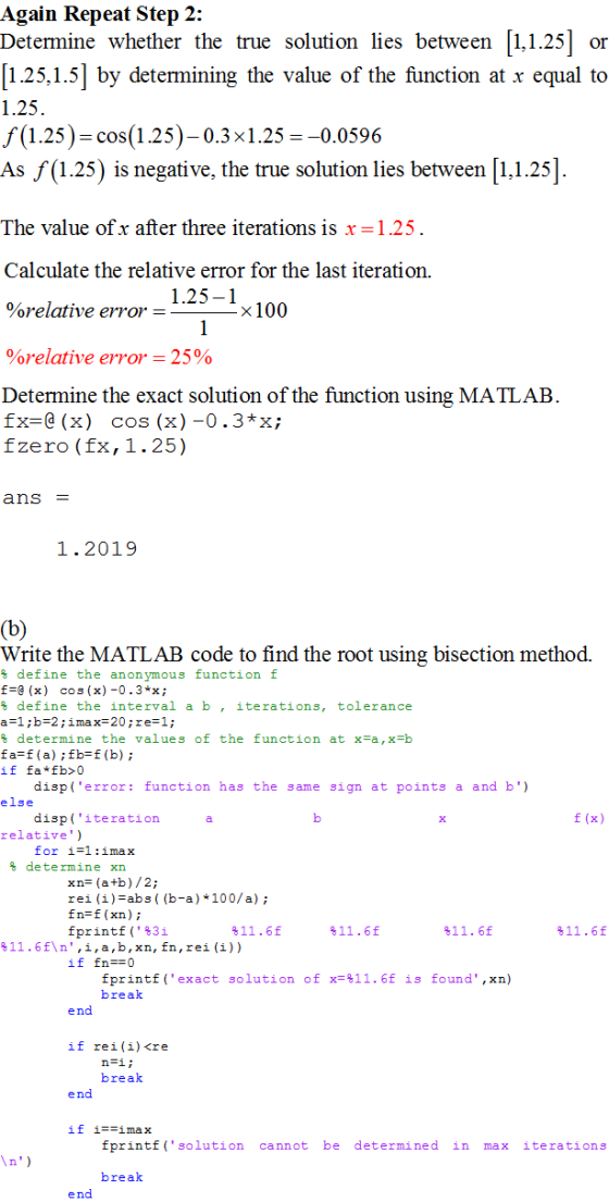 Again Repeat Step 2: Determine whether the true solution lies between [1,1.25] or [1.25,1.5] by determining the value of the