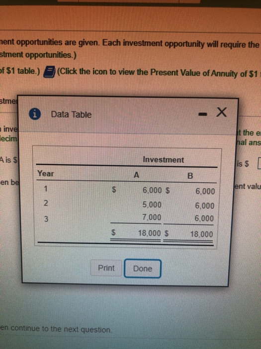 uent opportunities are given. Each investment opportunity will require the stment opportunities.) f$1 table.) = (Click the ic