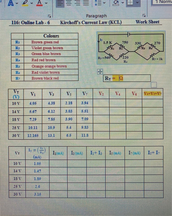 A-DA-EEEE JE Norm Paragraph Kirchoffs Current Law (KCL) 116: Online Lab - 6 Work Sheet 750 Colours Brown green red Violet gr