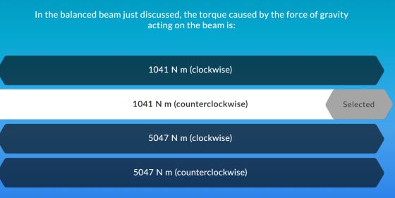 In the balanced beam just discussed, the torque caused by the force of gravity acting on the beam is: 1041 N m (clockwise) 10