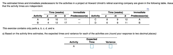 The estimated times and immediate predecessors for the activities in a project at Howard Umrahs retinal scanning company are given in the following table. Assu that the activity times are independent. Time (weeks) Immediate Time (weeks) Immediate Activity a bPredecessor(s)Activitya bPredecessor(s) 12 10 12 8 17 This exercise contains only parts a, b, c, d, and e a) Based on the activity time estimates, the expected times and variance for each of the activities are (round your response to two decimal places) Expected Time Activity Variance