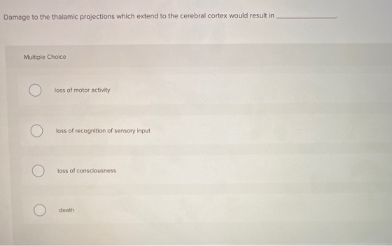 Damage to the thalamic projections which extend to the cerebral cortex would result in Multiple Choice loss of motor activity