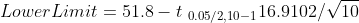 Lower Limit = 51.8 - t_{ 0.05/2, 10 -1}16.9102/sqrt{ 10}