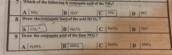 DHCI 7 Which of the following is conjugate acid of the NH3? ANH₂ BH₂0² C NH 8 Draw the conjugate base of the acid HCO3? A co