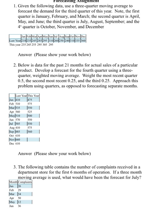 Forecasting ASSIgnment 1. Given the following data, use a three-quarter moving average to forecast the demand for the third q