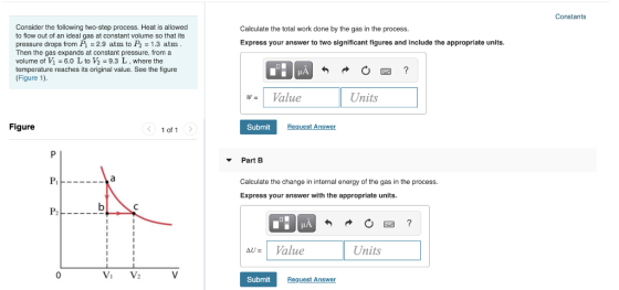 Constants Calculate the total work done by the gas in the process. Express your answer to two significant figures and include
